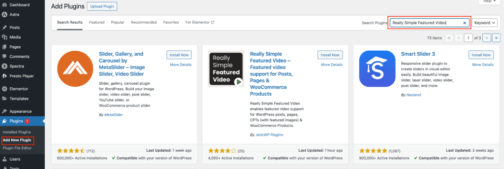 WordPress Add New Plugin Dashboard and search Really Simple Featured Video Plugin in Searchbar